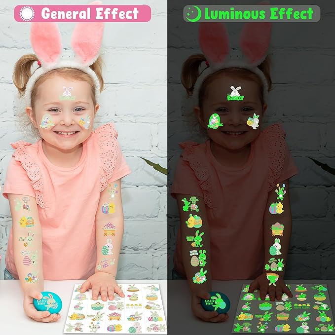 150 PCS Luminous Easter Tattoos for Kids, 25 Styles Glow Easter Stickers for Easter Basket Stuffers, Waterproof Easter Temporary Tattoos with Bunny Egg Chick for Easter Basket Filler Party Favors