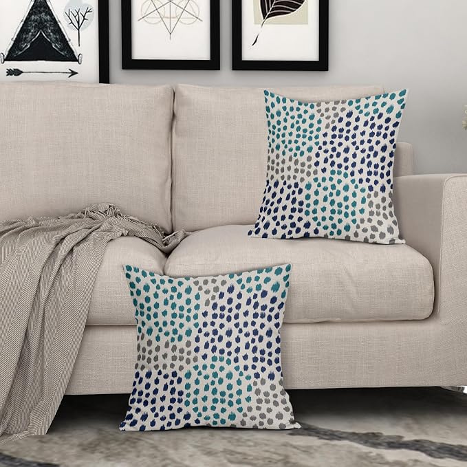 Navy Blue Teal Pillow Covers 16x16 Set of 2 Boho Design Polka Dot Throw Pillows Modern Art Trendy Print Decorative Outdoor Pillowcase Square Cushion Cover Linen Pillow Case for Home Sofa Couch Bed