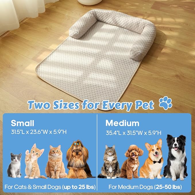 Cooling Pet Bed Mats with Neck & Head Support, 31.5 x 23.62 inch Khaki | for Small and Medium Dogs & Cats, Non-Slip, Machine Washable, Protects Sofa from Fur & Scratches