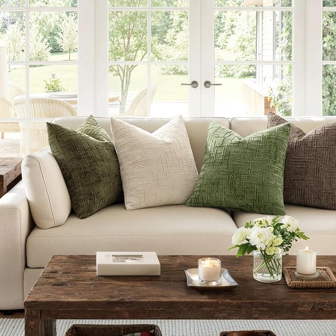 MIULEE Chenille Textured Throw Pillow Covers Olive Green 20x20 Set of 2 | Slubby Decorative Pillows, Boho Farmhouse Home Decor, Modern Neutral Cushion Covers for Couch Sofa Bed Living Room