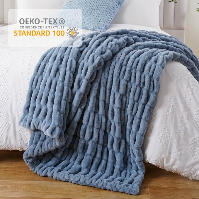 BATTILO Large Faux Fur Throw Blanket for Couch, 60"x80", Doube Side | Dusty Blue Throw Blanket, Super Soft Cozy Mink Warm Thick Faux Rabbit Fur Blanket For Bed, Sofa Living Room