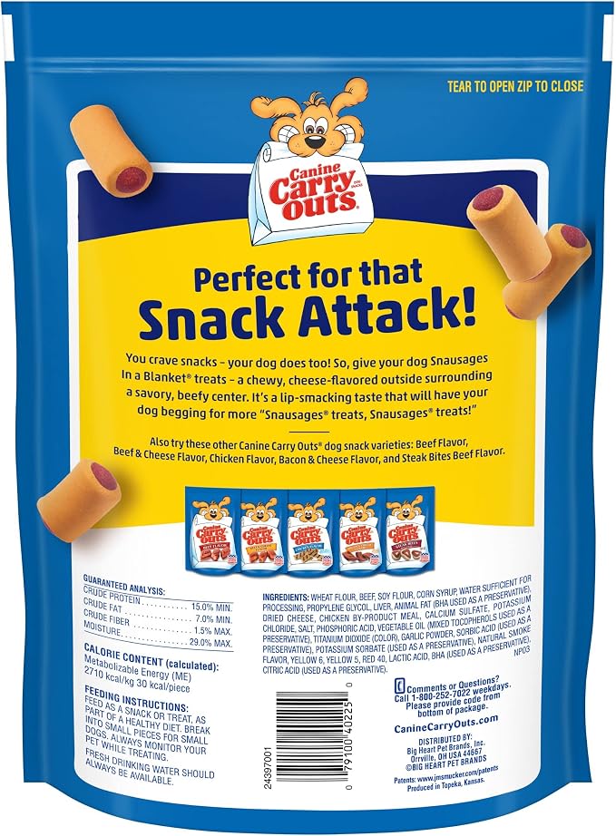 Canine Carry Outs Dog Treats, Snausages in a Blanket, Beef & Cheese Flavor, 22.5 Ounce (Pack of 4), Chewy Outside, Savory Inside | Soft & chewy dog snacks. Cheese-flavored outside. Savory, beef flavored center. Resealable bag. Produced in Topeka, Kansas.