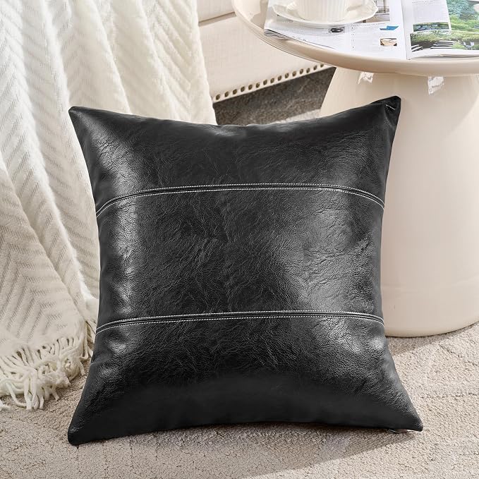 Fancy Homi Black Boho Faux Leather Decorative Throw Pillow Covers 20x20 Inch for Living Room Couch Bed Sofa, Rustic Modern Farmhouse Home Decor, Hand Stitched Square Cushion Case 50x50 cm