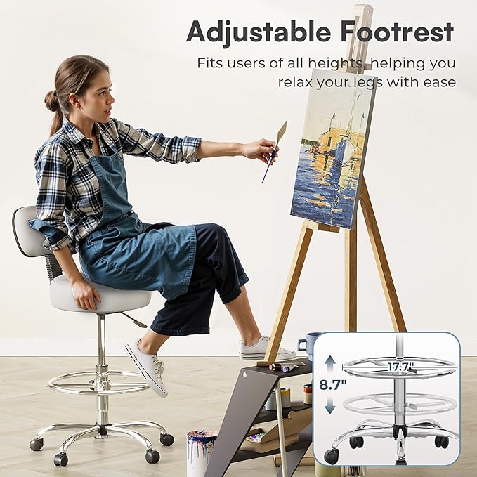 SUPERJARE Drafting Chair with Back, Adjustable Foot Rest Rolling Stool, Multi-Purpose Office Desk Chair, Thick Seat Cushion for Home Bar Kitchen Shop - White 7205W
