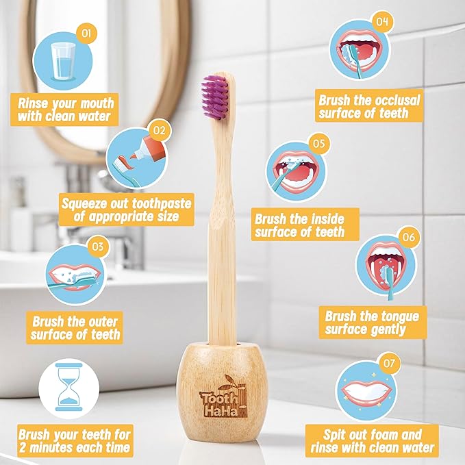 Tooth HaHa Kids Bamboo Toothbrushes, BPA-Free Soft Bristles, Eco-Friendly Natural Wooden Toddler Toothbrush, 6-Pack Travel Toothbrushes Set for Children