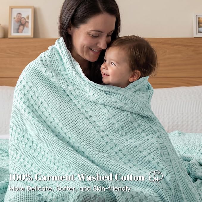 PHF 100% Cotton Waffle Weave Blanket King Size, Lightweight Breathable Summer Blanket for Hot Sleepers, Pre-Washed Soft Layer for Bed, Couch, Home Decor Gift, 108"x90", Mint
