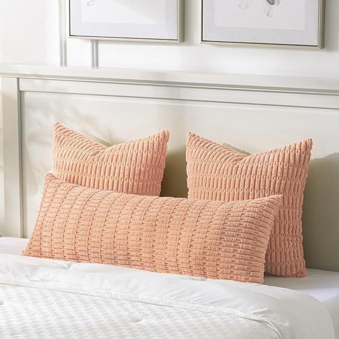 Fancy Homi Decorative Throw Pillow Covers for Bed Couch Bedroom Bench, Soft Corduroy Solid Pillow Case, Rustic Farmhouse Boho Room Decor,54" x 20" (Pack of 1),Peach