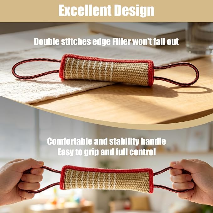 Tug Toy with 2 Strong Handles, Durable Pillow Pull Toy for Aggressive Chewers, Interactive Bite Training Tug of War Toy for Puppies and Medium to Large Dogs (Red-Edged Hemp Rope)