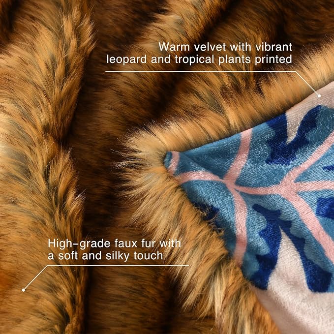HORIMOTE HOME Reversible Faux Fur Throw Blanket, with Cheetah and Tropical Plants Printed Pattern, Decorative Fluffy Throw Blanket for Couch Bed Sofa, Birthday Gifts for Women, 50'' x 60''