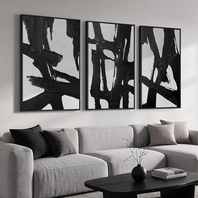 Large Framed Black and White Abstract Wall Art for Living Room, 3 Piece Canvas Prints Paintings Artwork for Walls, Modern Minimalist Wall Decor for Bedroom Dining Room Office hallway 24x36 In