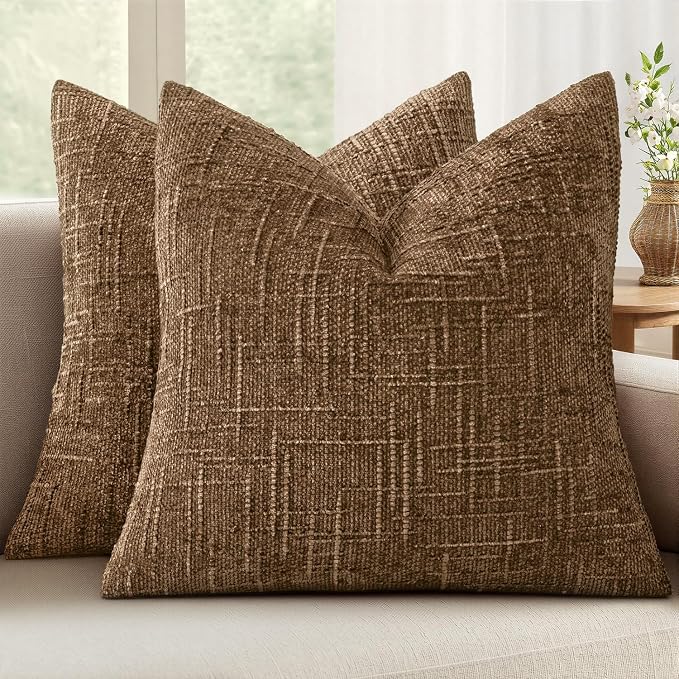MIULEE Chenille Textured Fall Throw Pillow Covers Toffee 20x20 Set of 2 | Slubby Decorative Pillows, Boho Farmhouse Rustic Home Decor, Modern Neutral Cushion Covers for Couch Sofa Bed Living Room