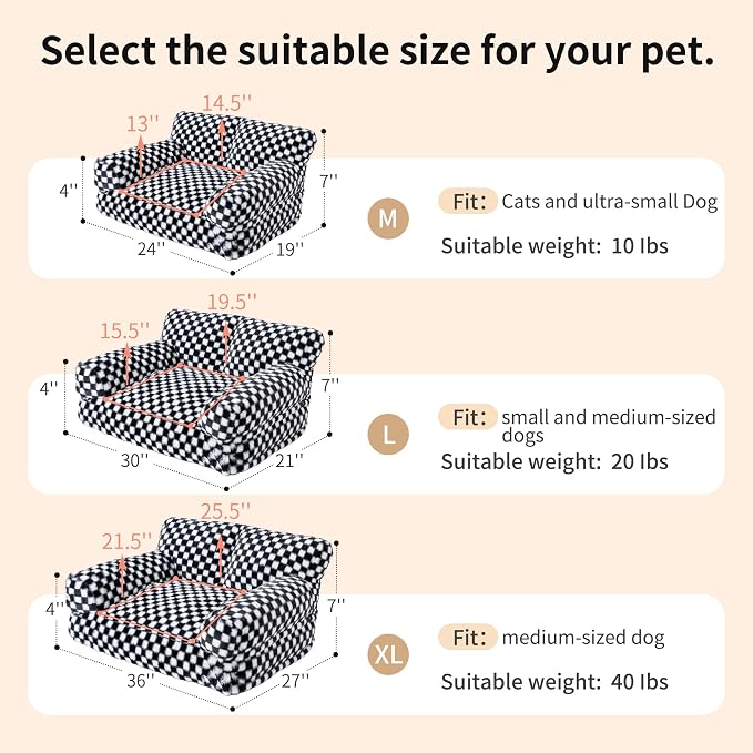 Faux Fur Cat & Dog Sofa Cat Couch Mini Cat Bed Indoor Human Style Pet Sofa, Modern Pet Furniture for Cats, Washable ＆ Removable Cover, for Cats and Small Medium Dogs (Black/White, Large(30X21 inch))