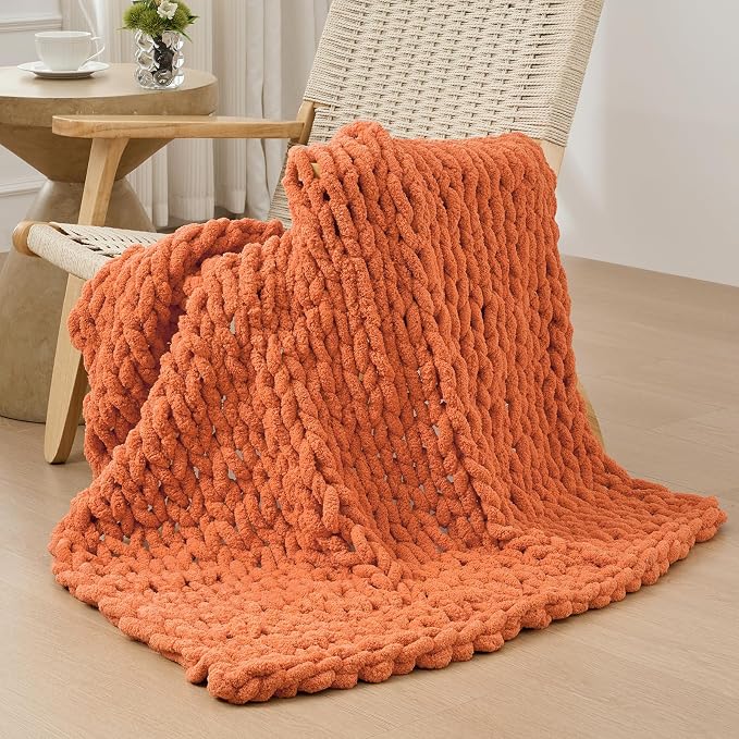 Bigacogo Chunky Knit Throw Blanket for Couch, 40x40 inches, Terracotta | Hand Knit with Jumbo Chenille, Soft Breathable Cable Knit for Sofa Bed Living Room, Machine Washable, Gift for Mom Friend