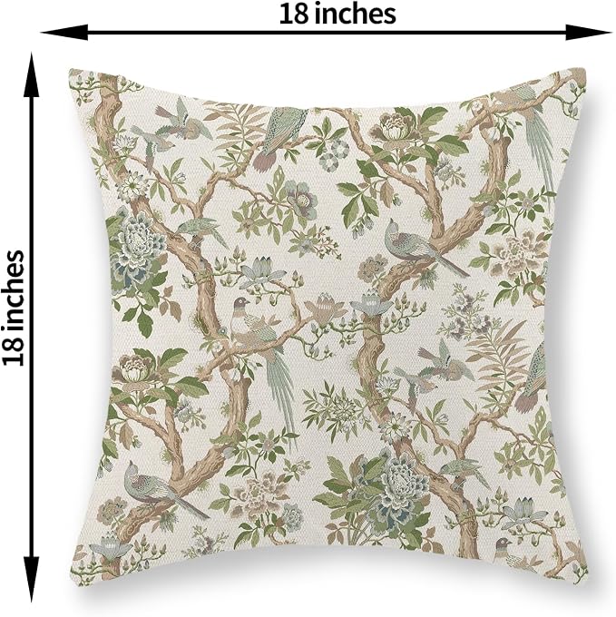 Green Floral Bird Pillow Covers 18x18 Set of 2 Chinoiserie Throw Pillows Green Vintage Flowers Bird Decorative Pillow Cases Outdoor Chinoiserie Decor Farmhouse Cushion Case for Couch Sofa
