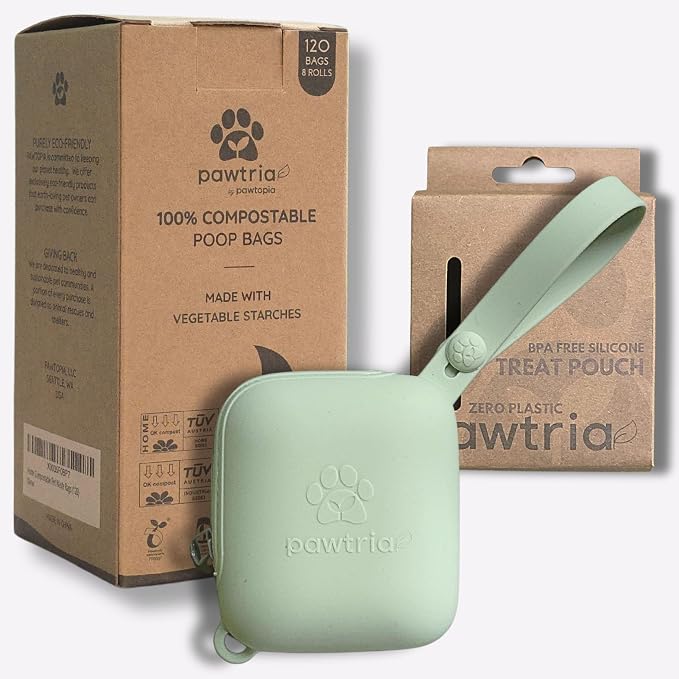 Pawtria Home Compostable Dog Poop Bag Rolls (120) + Silicone Treat Pouch