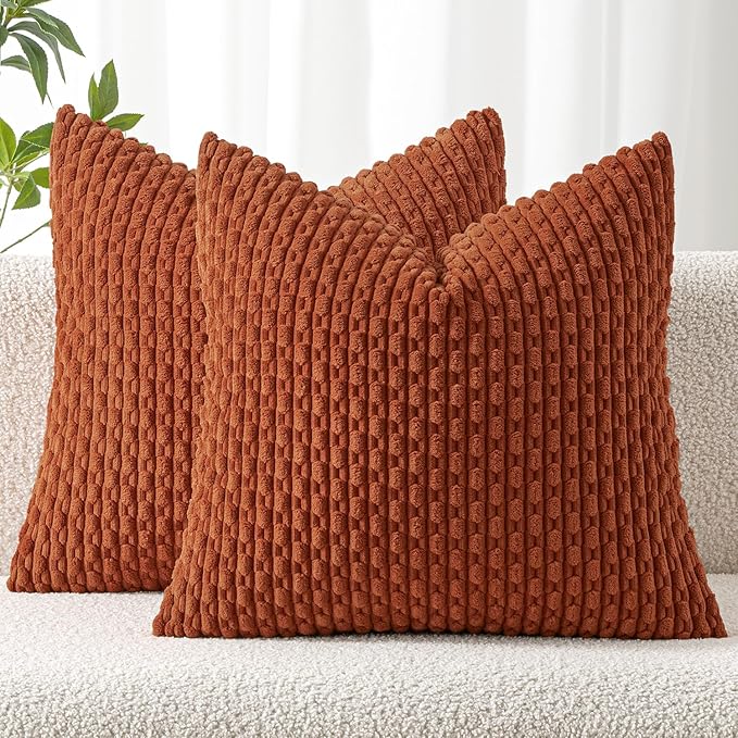 MIULEE Fall Decorative Throw Pillow Covers 16x16 Rust Textured Corduroy | Terracotta Pack of 2 Striped Pillow Covers Modern Farmhouse Autumn Home Decor for Couch Bed Sofa Living Room