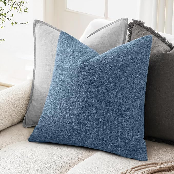 MIULEE Pack of 2 Decorative Linen Burlap Pillow Covers Farmhouse Boho Accent Pillowcases Modern Home Decor for Sofa Couch Bedroom Living Room 22x22 Inch Steel Blue