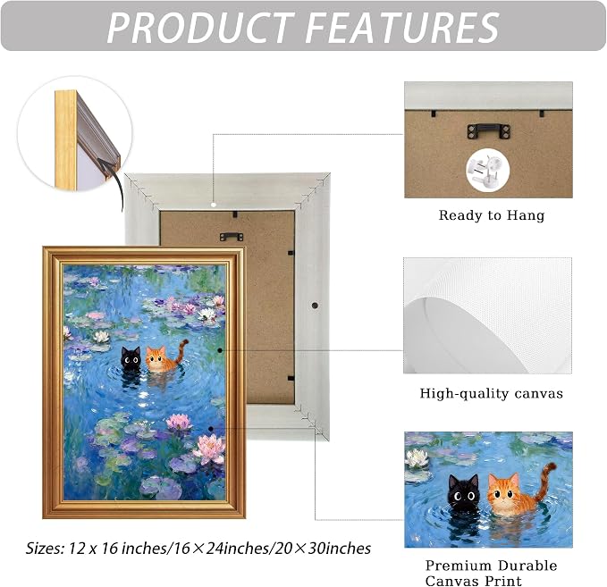 ICHZUMW Gold Framed Funny Cats Monet Water Lilies Canvas Wall Art, 12x16 In | Quirky Black and Orange Cats, Humorous Bathroom Wall Decor, Bedroom Restroom Powder Room, Fade Resistant, Ready to Hang