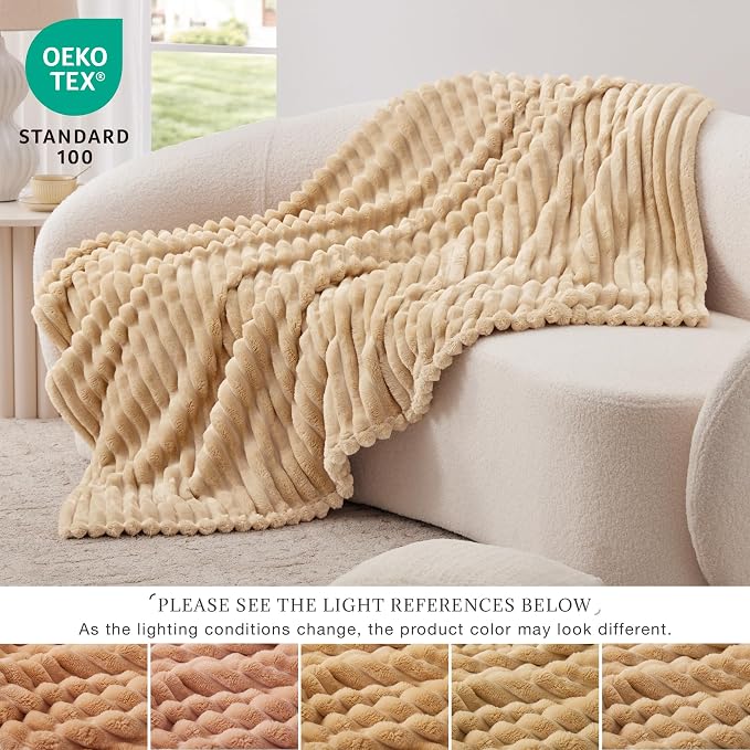 EXQ Home Fleece Blanket Twin Size for Couch or Bed - 3D Stripe Jacquard Decorative Blankets - Cozy Soft Lightweight Fuzzy Flannel Blanket Suitable for All Seasons(60"×80",Camel)
