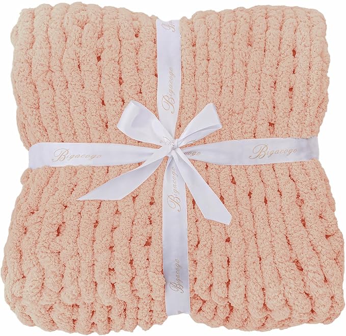Bigacogo Chunky Knit Throw Blanket for Couch, 51x63 inches, Peach Fuzz | Hand Knit with Jumbo Chenille, Soft Breathable Cable Knit for Sofa Bed Living Room, Machine Washable, Gift for Mom Friend