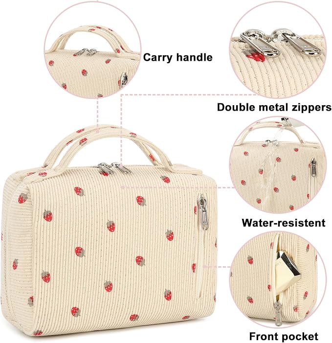 Bluboon Makeup Bag Zipper Pouch Travel Toiletry Bag Portable Cosmetic Bag Organizer for Women and Girls(Strawberry Corduroy Beige)