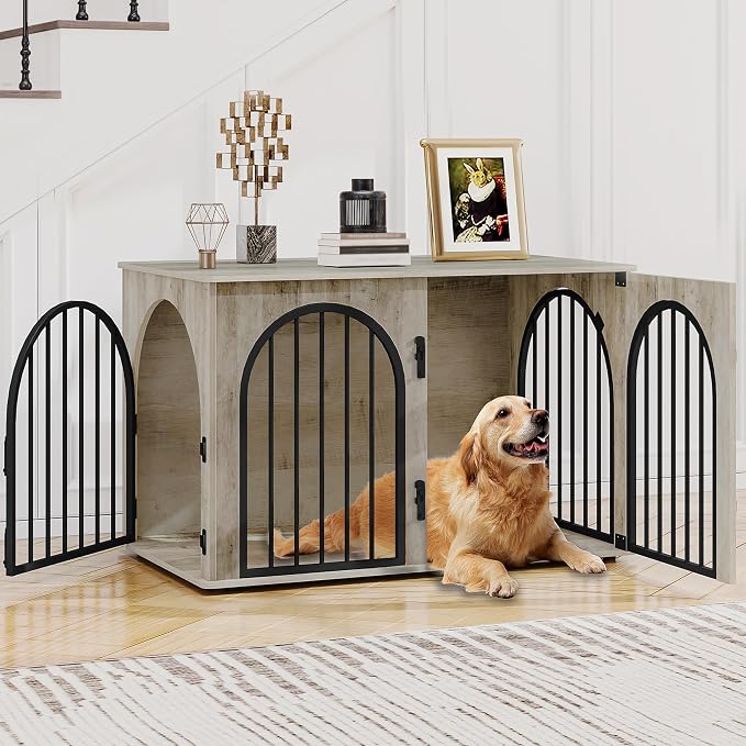 Hzuaneri 39.4'' Dog Crate Furniture,Dog Kennel Indoor for Medium/Large Dogs | Dog Kennel Furniture Wooden Dog Cage Heavy Duty Dog Crate Decorative Pet House End Side Table TV Stand,Greige Black DFC84105B