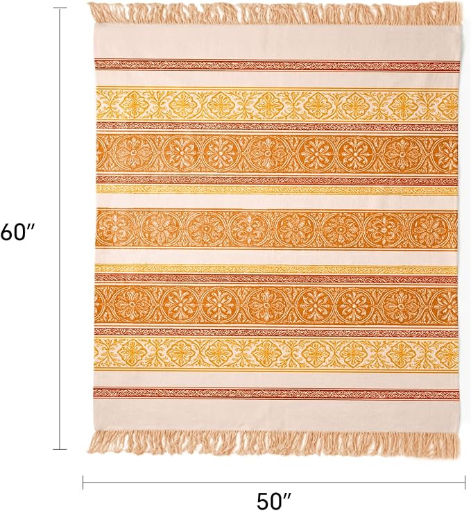 100% Cotton Boho Throw Blanket for Home Decor – Classic Farmhouse Quilt Bedding, Muslin Blankets for Adults, Vintage Woven Decorative Blanket for Couch, Bed Layering Use, Bohemian Stripe, 50"x60"