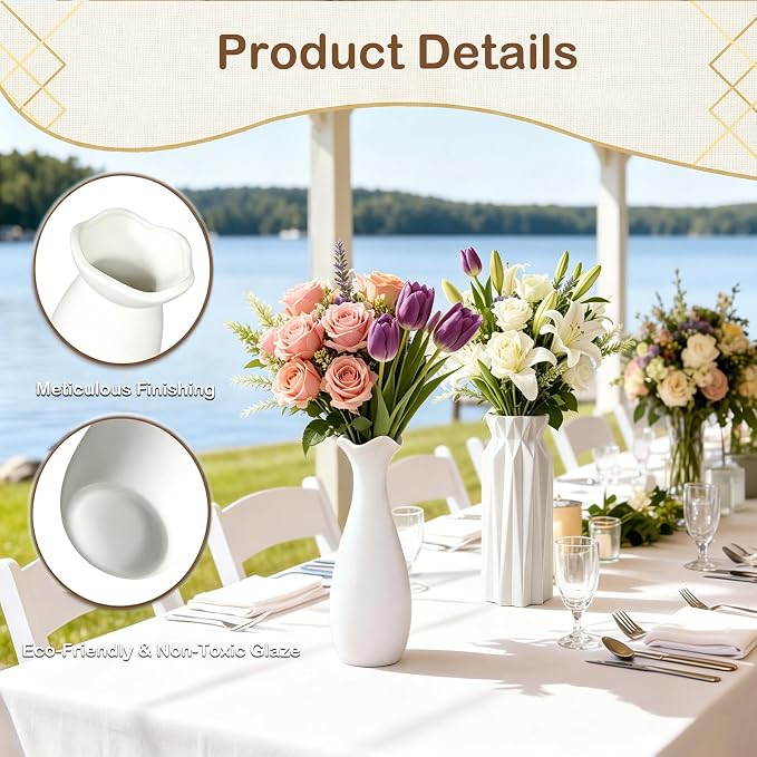 10-Piece 8 Inch White Ceramic Vases Set - Minimalist White Vases for Home Decor, Weddings, Pampas Grass & DIY Crafts | Rustic Matte White Ceramic Vases Bulk