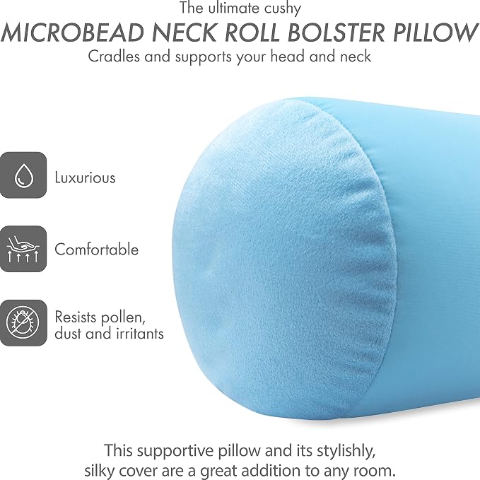 Microbead Bolster Neck Roll Pillow, Gently Body, Head, Neck & Shoulders No Pain Rest, Relax Sleep - Silky Feel Prevent Wrinkles & Hair Breakage - Lightweight Cylinder Tube, 14" x 8", Sweet Baby Blue