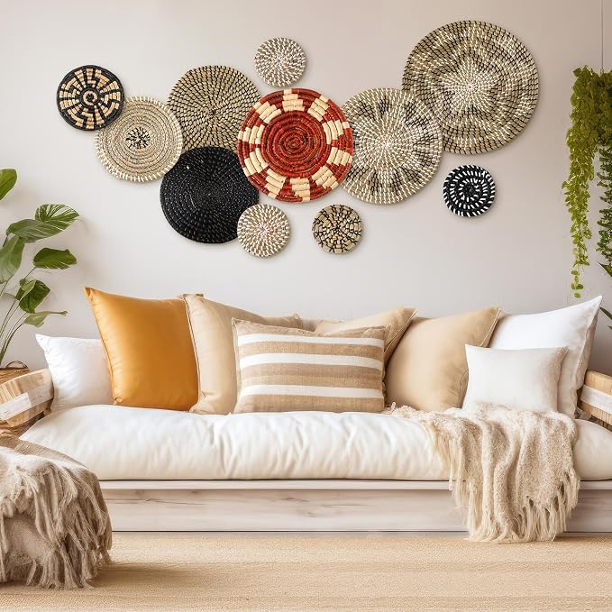 Tatuo 11 Pcs Boho Wall Basket Decor Bulrush Woven Wall Hanging Art Round Farmhouse Rustic Handmade Wicker for Summer Home, Bedroom, Living Room, Kitchen Decorations, Multi Sizes(Dark)