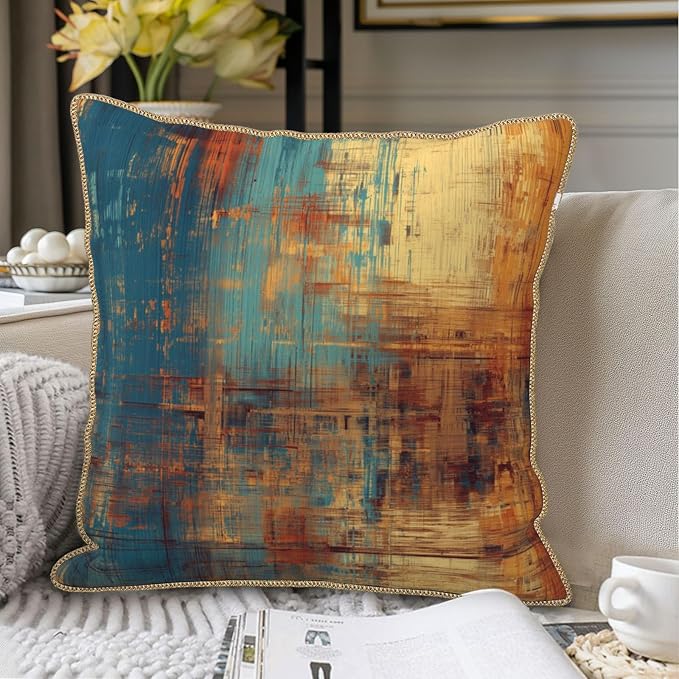 Vintage Abstract Teal Orange Velvet Pillow Covers 20x20 InchMessy Blue Rust Throw Pillows for Couch Cushion Covers Pillowcase Retro Colorful Art Pillow Cases for Sofa Bed Living Room
