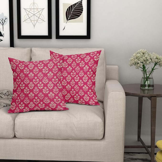 Hot Pink Floral Block Print Pillow Covers 16x16 Inch Set of 2, Vintage Flower Pattern Decorative Throw Pillowcases Outdoor Farmhouse Cushion Covers Spring Summer Rustic Sofa Couch Bed Decor