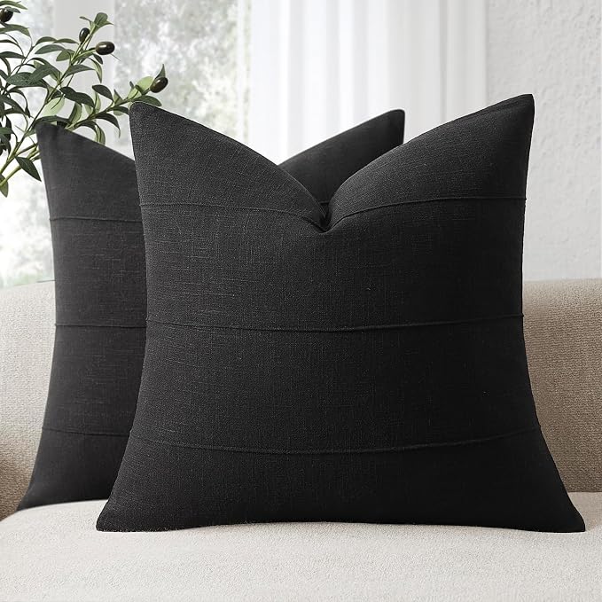 Decorative Linen Throw Pillow Covers 22x22 Set of 2 Solid Handcrafted Striped Cushion Covers for Bed Soft Modern Farmhouse Neutral Pillowcase for Couch Bedroom Living Room Home Decor(Black)