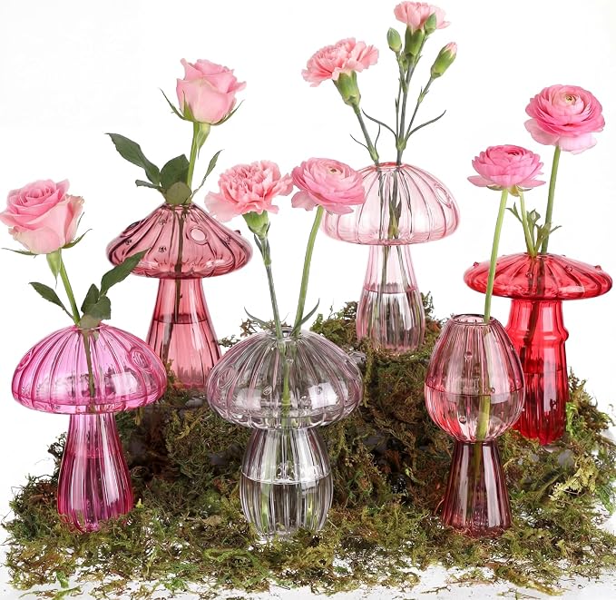 7 Pcs Glass Mushroom Vase Propagation Station with Hydroponic Plant and Artificial Fake Moss 6 Colored Plant Vase Table Centerpiece Decor for Forest Birthday Wedding Party Decoration (Pink)