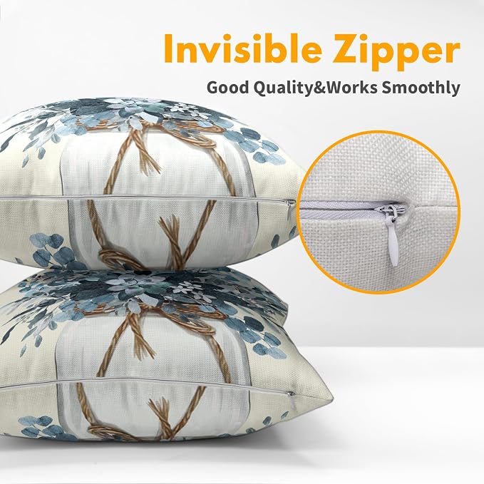 Kawani Blue Eucalyptus Throw Pillow Covers Set of 2, 20x20 Inch Leaves Mason Jar Farmhouse Pillowcases Double Sided Cotton Linen Cushion Cover for Couch Sofa Car Outdoor Home Decor