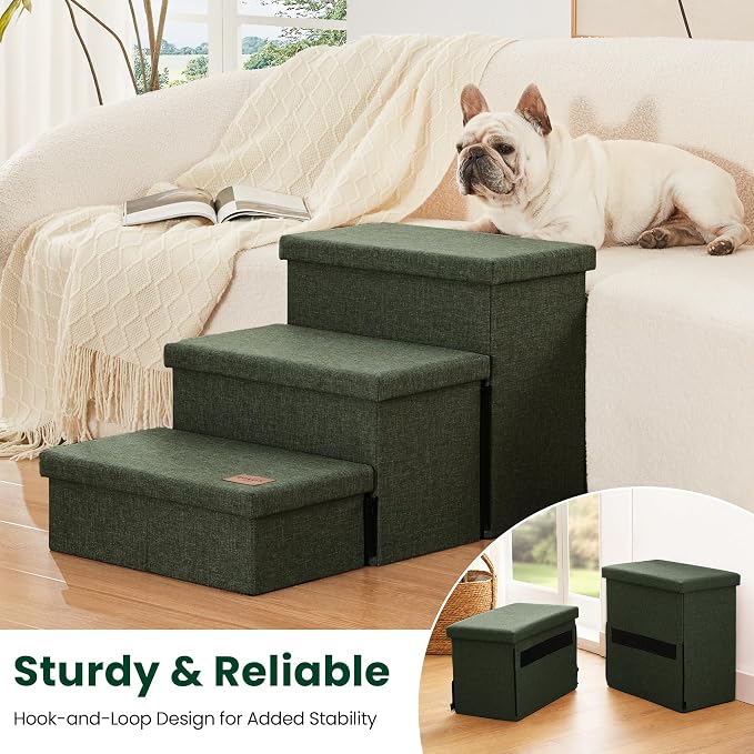 Love's cabin Dog Stairs for High Bed, Foldable Pet Stairs for Small Medium or Large Dogs Puppy with Storage for Bed or Couch, Cat Dog Steps Ramp with Zip up to 200 lbs, Dark Green, 3 Steps