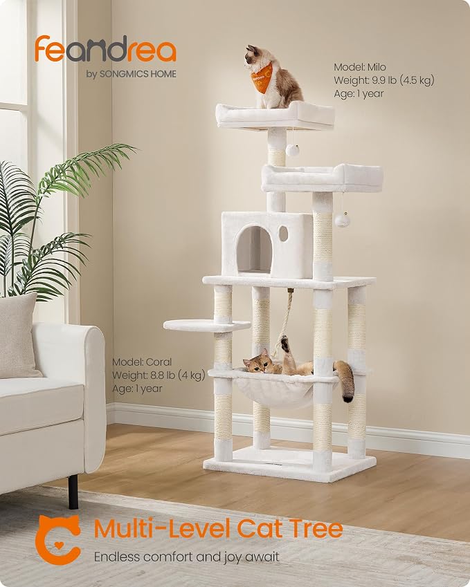Feandrea Cat Tree, 55.8-Inch Cat Tower, Multi-Level Plush Condo with 11 Scratching Posts, 2 Perches, Hammock, Cave, Light Warm White UPCT015W02