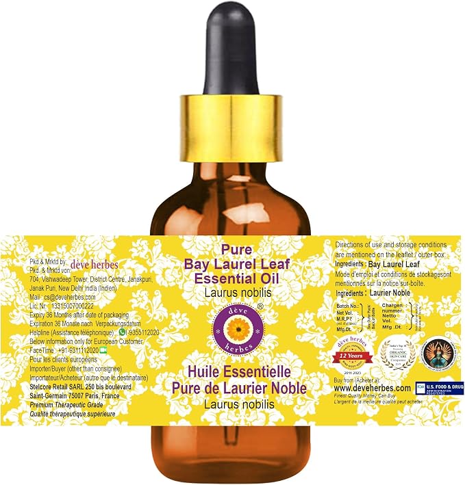Deve Herbes Pure Bay Laurel Leaf Essential Oil (Laurus nobilis) with Glass Dropper Steam Distilled 15ml (0.50 oz)