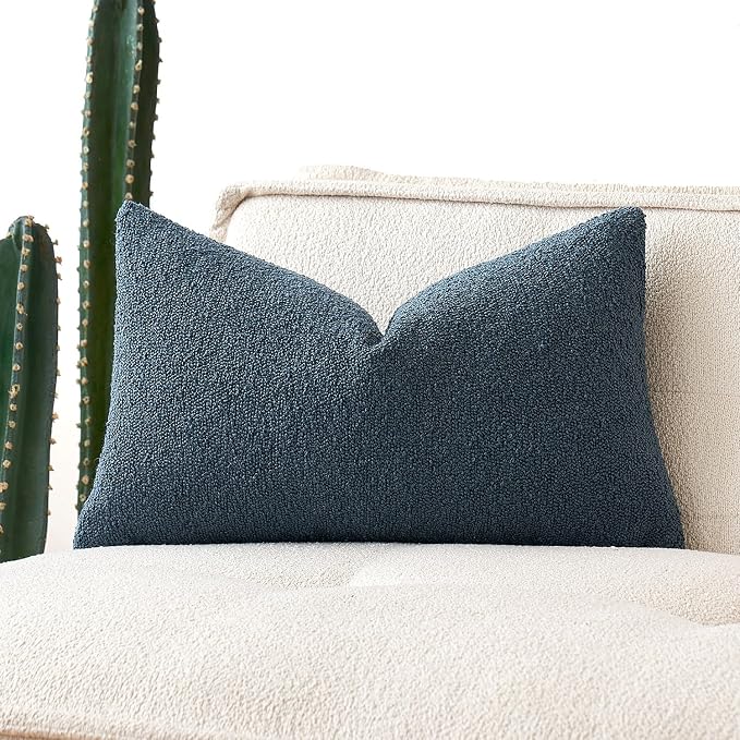 MIULEE Textured Boucle Lumbar Pillow Cover for Bed 12x20 Dark Blue | Pack of 1 Textured Neutral Couch Throw Pillow Cover, Accent Solid Pillowcase, Sofa Living Room Home Decor