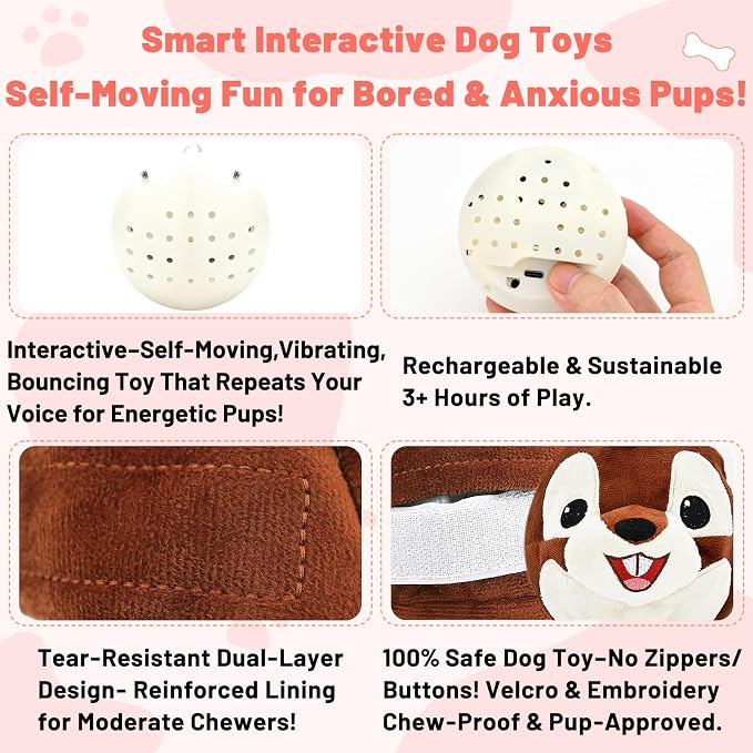 Interactive Dog Toys - Auto Bounce, Move & Vibrate with Sound, Talking Squirrel Puppy Toy for Small Medium Large Dogs, Rechargeable Durable Toy for Anxiety Relief, Boredom & Indoor Play