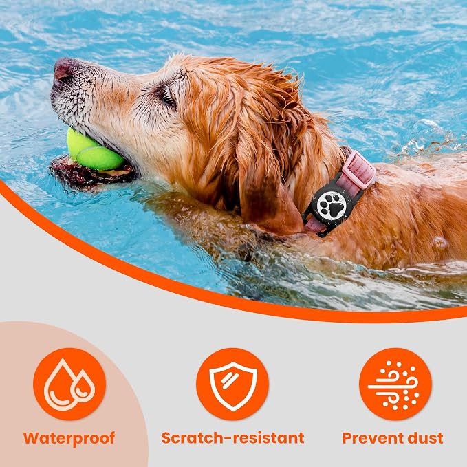 IP68 Waterproof for AirTag Dog Collar Holder, Silicone Dog Air tag Holder for Apple Air Tag (Black&Rose)
