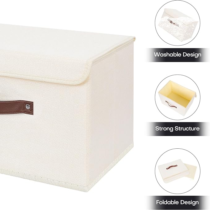ANMINY Fabric Storage Box Bins with Lids, Beige, 15"x10"x10" | Keepsake Memory Storage, Cotton Linen, PP Board Reinforced, Washable, PU Handles, Foldable & Stackable, Decorative, Large