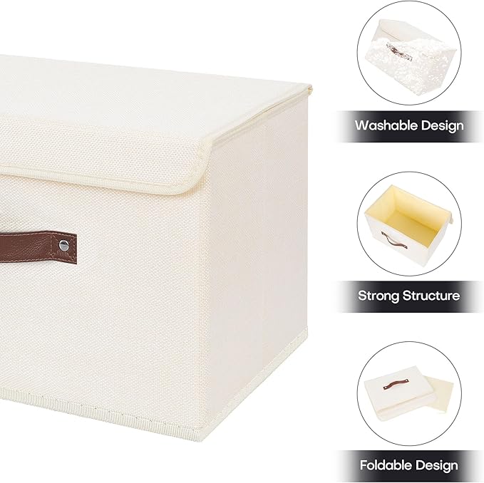 ANMINY Fabric Storage Box Bins with Lids, Beige, 13"x9"x7.9", 2 Pack | Keepsake Memory Storage, Cotton Linen, PP Board Reinforced, Washable, PU Handles, Foldable & Stackable, Decorative, Medium