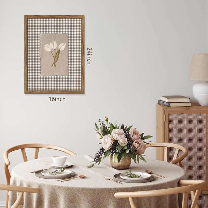 Vintage White Tulips Framed Canvas Wall Art – Brown Gingham Botanical Painting Print, Rustic Farmhouse Floral Picture for Living Room Bedroom Nursery Office Home Decor 24x16 inch