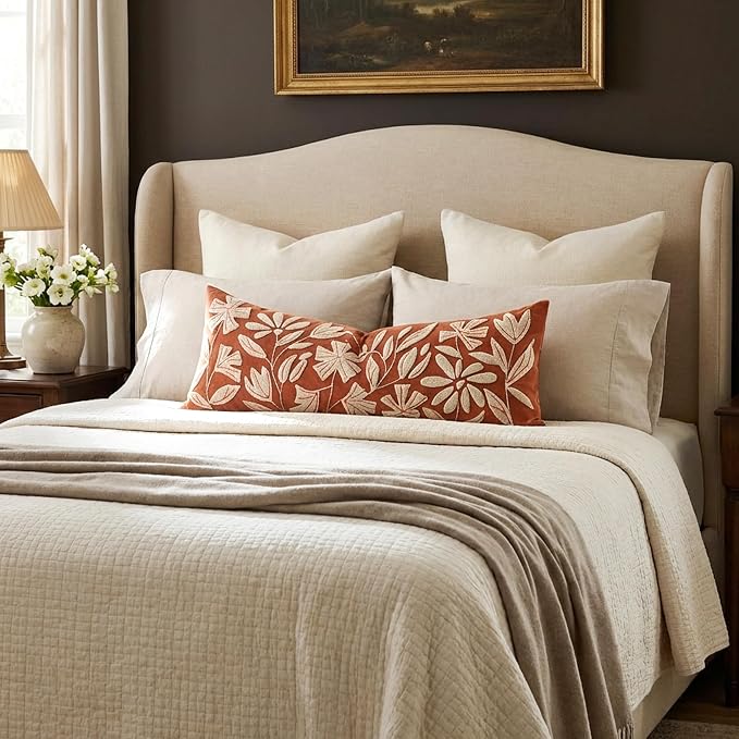 Long Lumbar Pillow Cover 14x36 for Bed, Rust Terracotta Floral Tufted Velvet Accent Oversize Throw Pillowcase for Bedroom, Cover Only