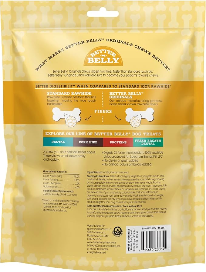 Better Belly Originals Small Roll Highly Digestible Dog Treats, 20 Count | With Real Chicken Liver Flavor, Long-Lasting Digestible Chew, No Grain Added, No Artificial Colors Or Flavors, For Adult Dogs