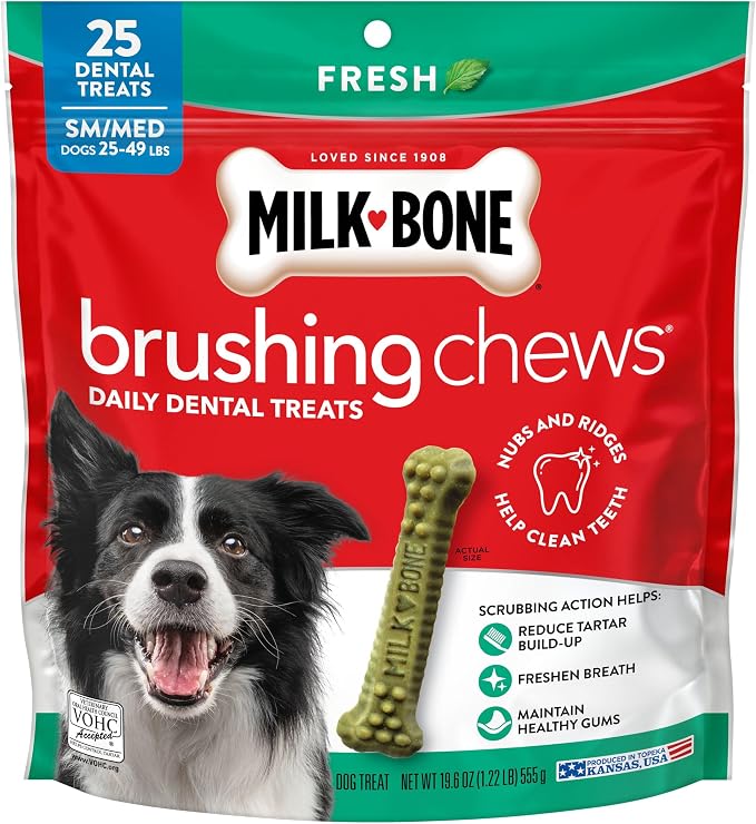 Milk-Bone Brushing Chews, Small/Medium, Fresh Flavor, 25 Dental Treats | 19.6-oz. bag, Daily dental dog treats, For dogs 25-49 lbs., Fresh mint flavor