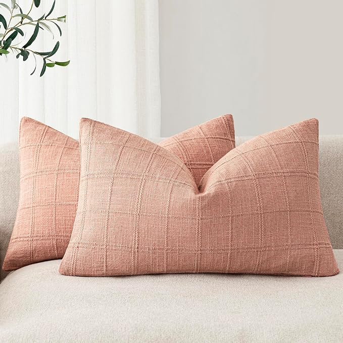 Foindtower Set of 2 Decorative Linen Check Throw Pillow Covers Neutral Farmhouse Lumbar Cushion Covers Modern Boho Accent Home Decor for Sofa Chair Couch Bedroom Living Room,12×20 Inch,Coral Pink