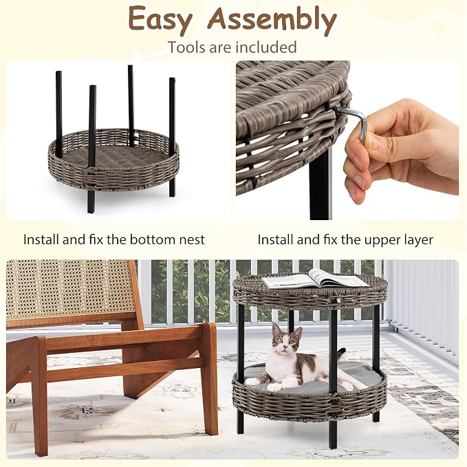 Tangkula 2-Tier Rattan Cat Nest, Wicker Kitten Condo with Removable Padded Cushion, Raised Cat Bed for Small Animals, Indoor & Outdoor Elevated Pet Shelter for Home, Deck, Balcony