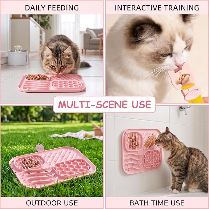 3 Piece Cat Slow Feeder Bowl Set, Silicone Lick Mat,Treat Dispenser with Long Handle Spoon, Non Slip Spill Proof for Indoor & Travel (Pink)